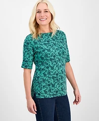 Style & Co Petite Floral Chintz Boat-Neck Elbow-Sleeve Top, Macy's Exclusive