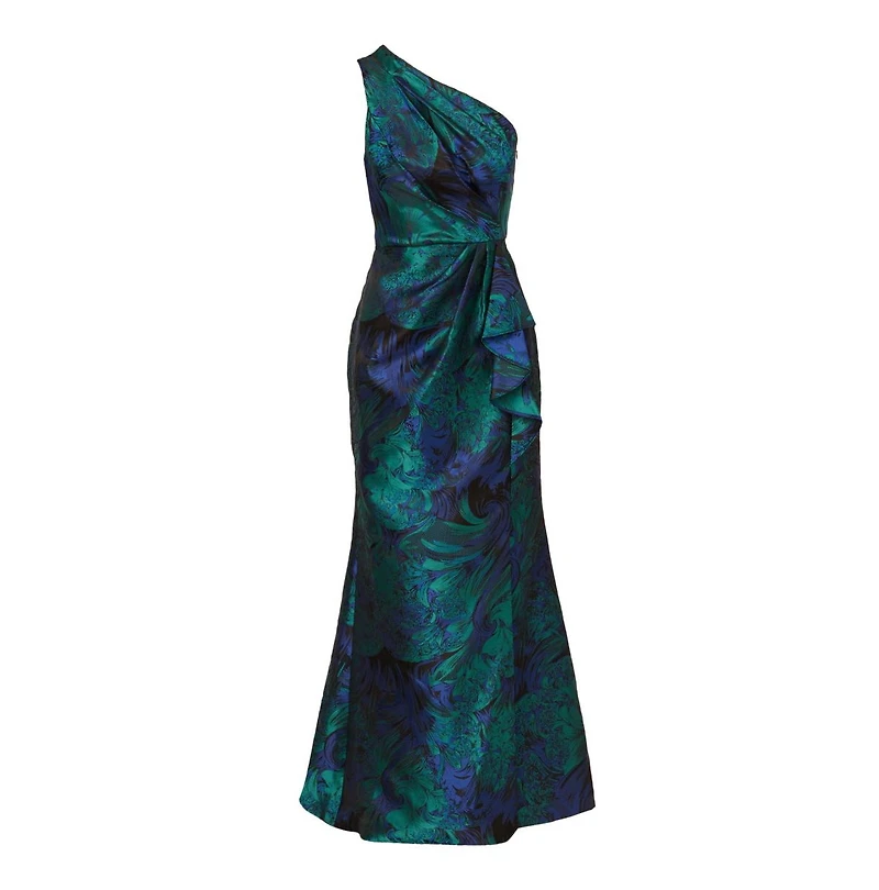 Adrianna Papell Women's Jacquard Printed Asymmetric One-Shoulder Gown