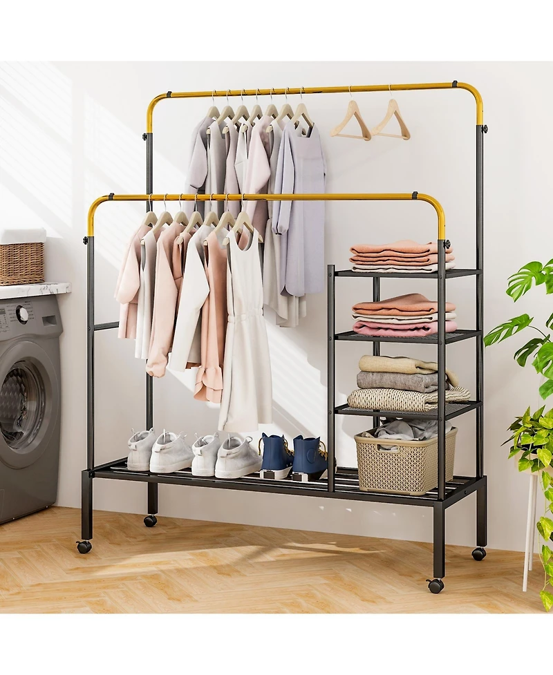 Rolling Double Rods Garment Rack with Height Adjustable Hanging Bars