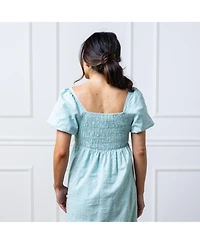 Hope & Henry Women's Ruched Linen Bubble Sleeve Dress