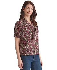 Jones New York Petite Floral Tie-Neck Puff-Sleeve Top