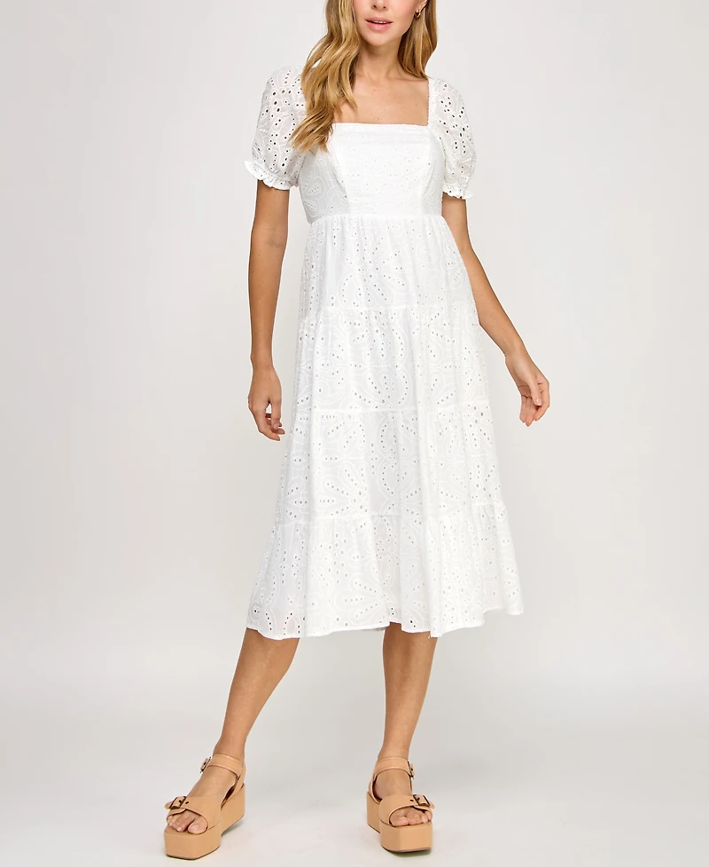 Crystal Doll Juniors' Cotton Eyelet Tie-Back Tiered Dress