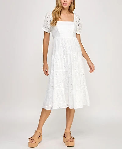 Crystal Doll Juniors' Cotton Eyelet Tie-Back Tiered Dress