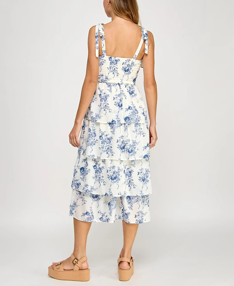 Crystal Doll Juniors' Floral Print Tie-Shoulder Tiered Dress