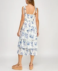Crystal Doll Juniors' Floral Print Tie-Shoulder Tiered Dress