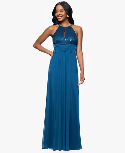 B&A By Betsy and Adam Petites Lace Long Halter Dress