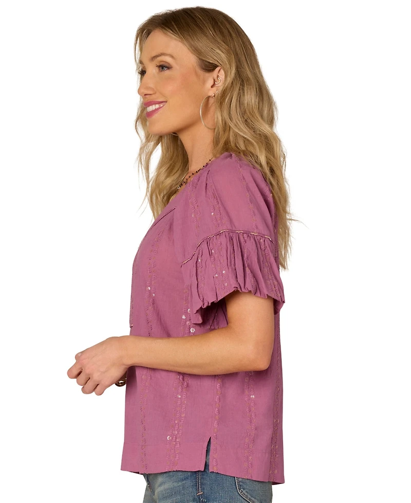 Democracy Petite Cotton Embroidered Bubble-Sleeve Top