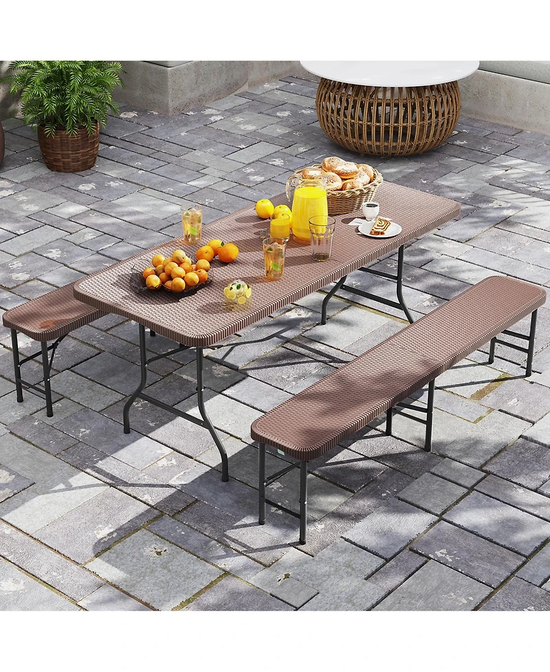 Gymax 3 Piece Folding Picnic Table Set w/ 6 ft Table & 2 Benches for Yard Camping