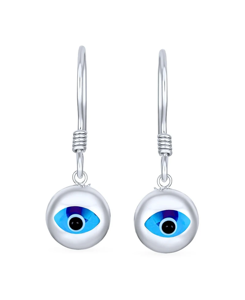 Bling Jewelry Turkish Spiritual Protection Amulet 3D Blue Nazar Evil Eye Round Circle Dangle Earrings Murano Glass .925 Sterling Silver Fish Hook