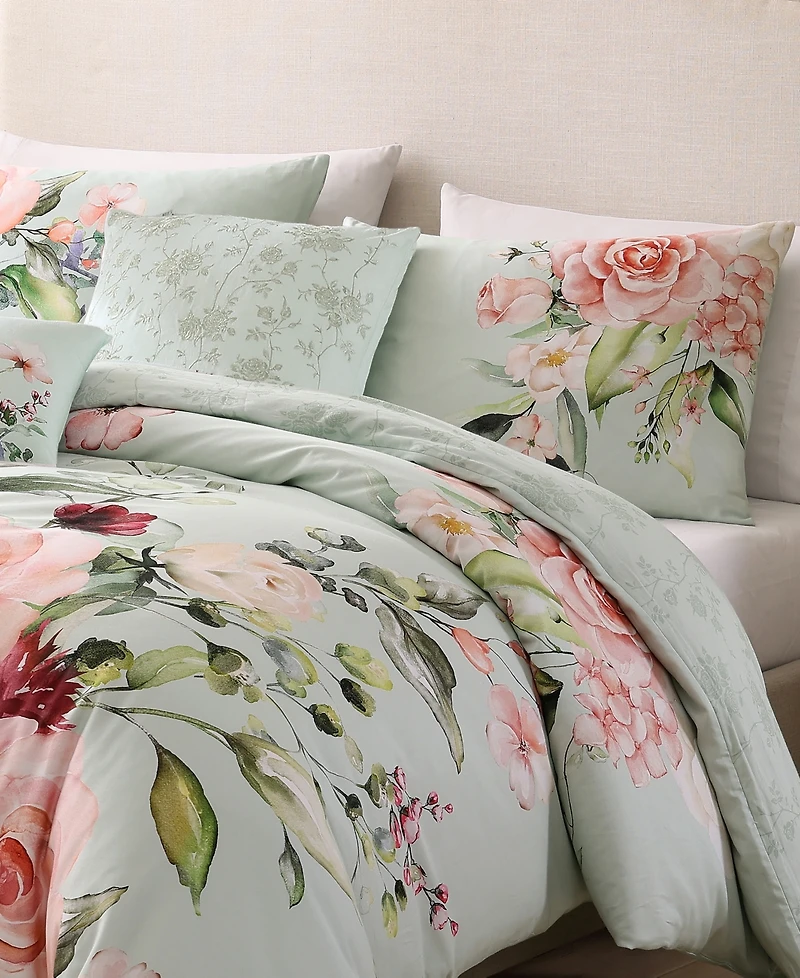 Bebejan Rose on Misty Green Bedding 200 Thread Count 100% Cotton Sateen 5 Piece Reversible King Comforter Set
