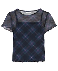 Clavin Klein Big Girls Plaid Power Mesh Short Sleeve Shirt