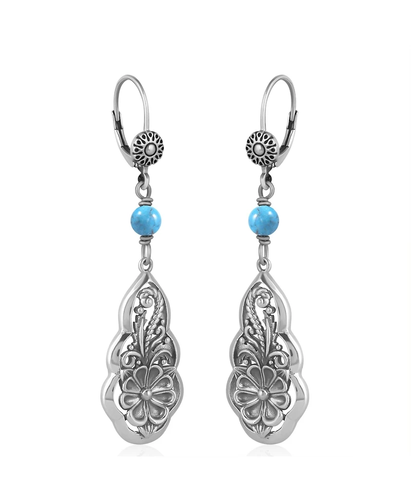 American West Jewelry Sterling Silver Kingman Turquoise Flower Gemstone Bead Lever Back Earrings