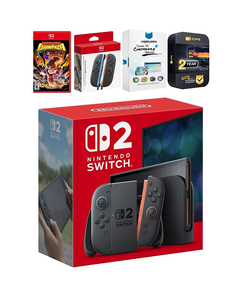 Nintendo Switch 2 Console with Donkey Kong Bananza, Extra Joy-Cons, MightySkins Code and 2 Cps Year Extended Warranty