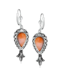 American West Jewelry Sterling Silver Orange Spiny Oyster Pear Gemstone Squash Blossom Lever Back Earrings