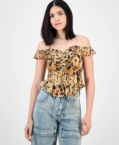 Bar Iii Women's Printed Cold-Shoulder Ruffle-Trim Mesh Top, Exclusively at Macy's