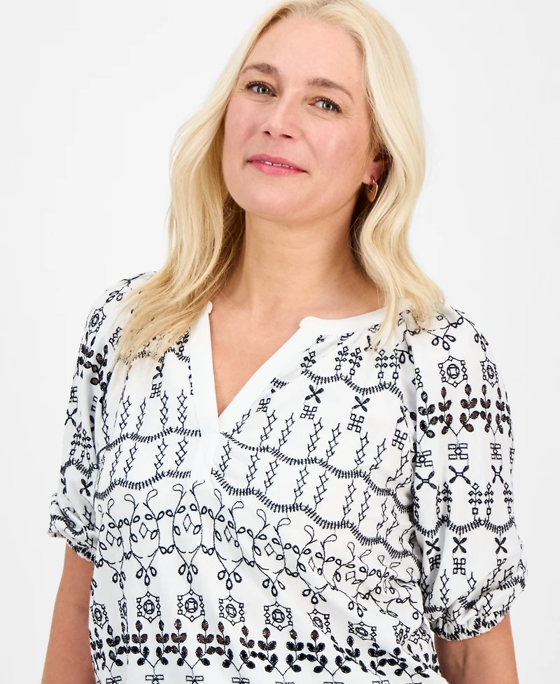 Style & Co Petite Eyelet Summer Split-Neck Top, Exclusively at Macy's