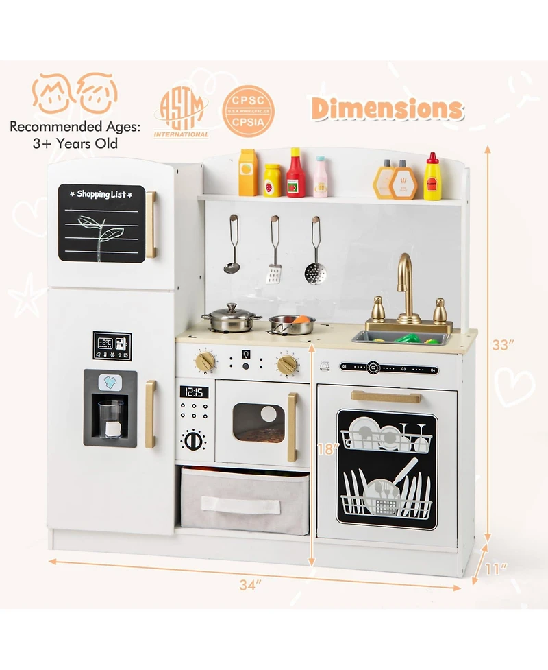 Wooden Kids Kitchen Playset with Chalkboard Ice Maker Sink Lighted Microwave