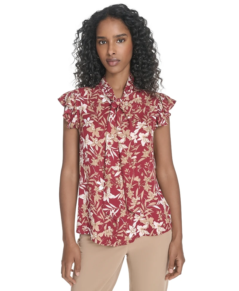 Tommy Hilfiger Women's Ruffled Floral Bow Blouse