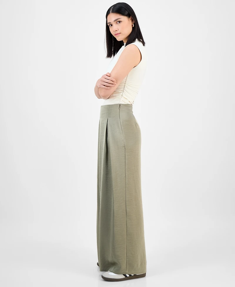 Bar Iii Women's High-Rise Pleated Wide-Leg Satin Pants, Exclusively at Macy's
