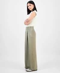 Bar Iii Women's High-Rise Pleated Wide-Leg Satin Pants, Exclusively at Macy's