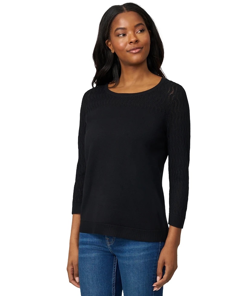 Melissa Paige Women's Crewneck Pointelle 3/4-Sleeve Lightweight Sweater