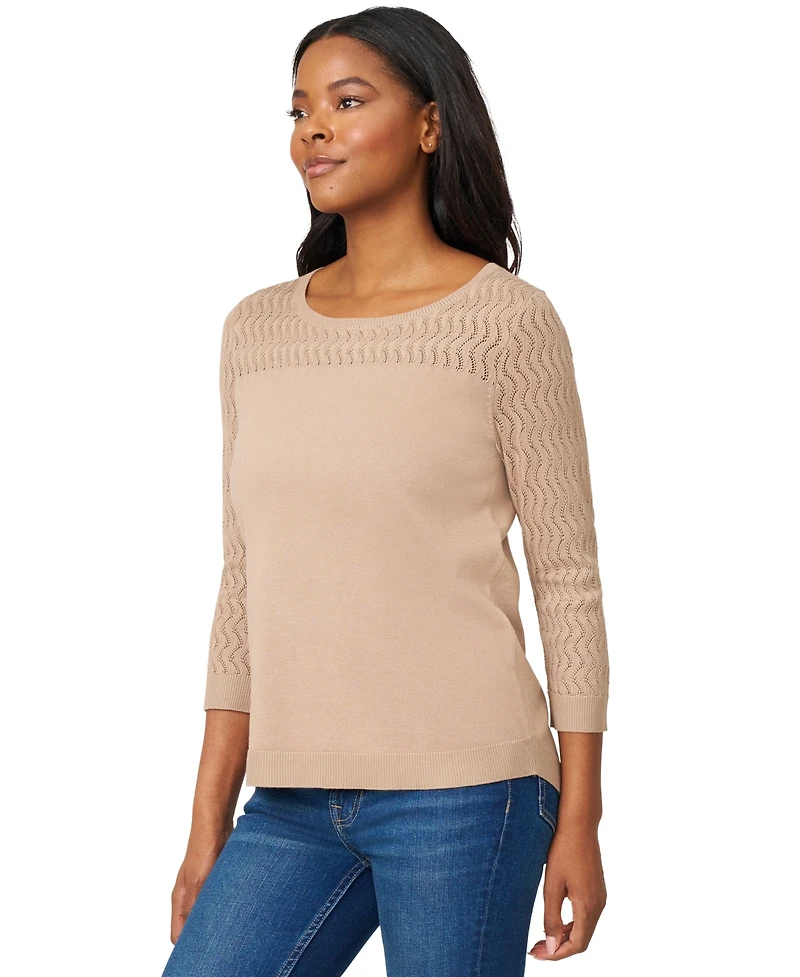 Melissa Paige Women's Crewneck Pointelle 3/4-Sleeve Lightweight Sweater