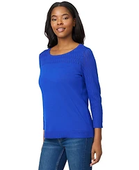 Melissa Paige Women's Crewneck Pointelle 3/4-Sleeve Lightweight Sweater
