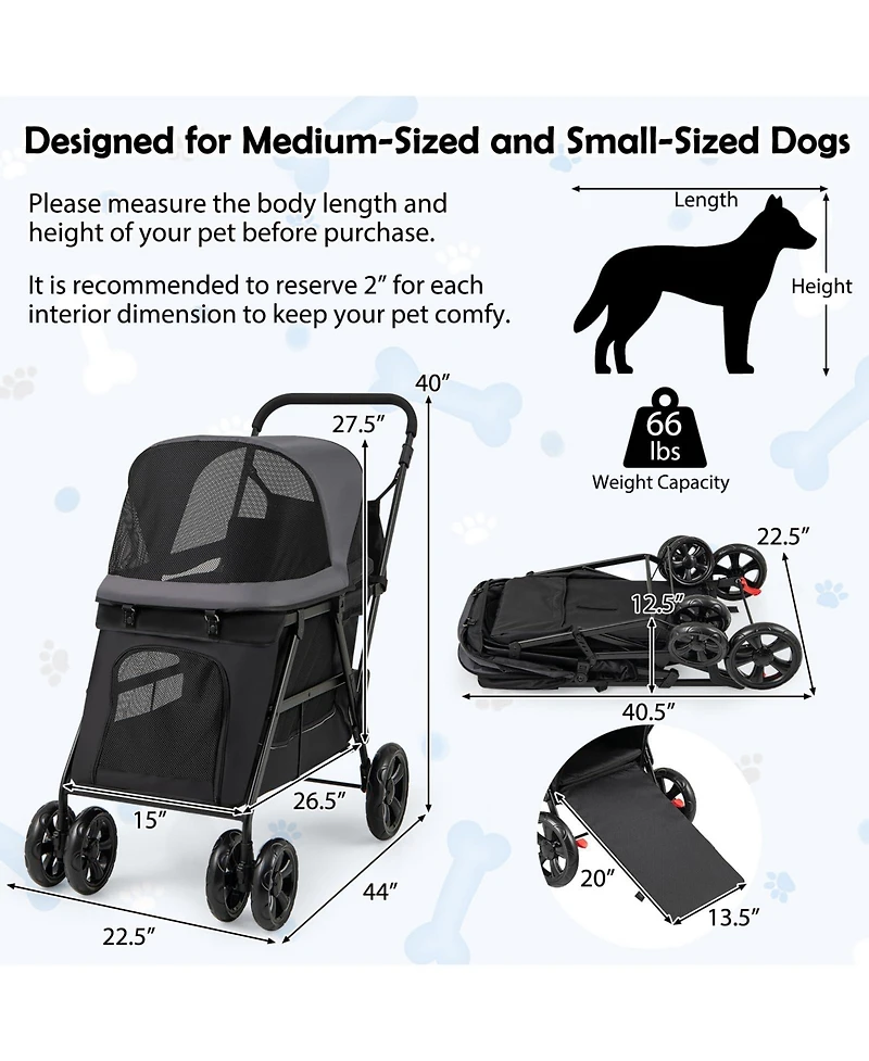 Dog Stroller for Medium Small Senior Elderly Dogs with Dual Entry