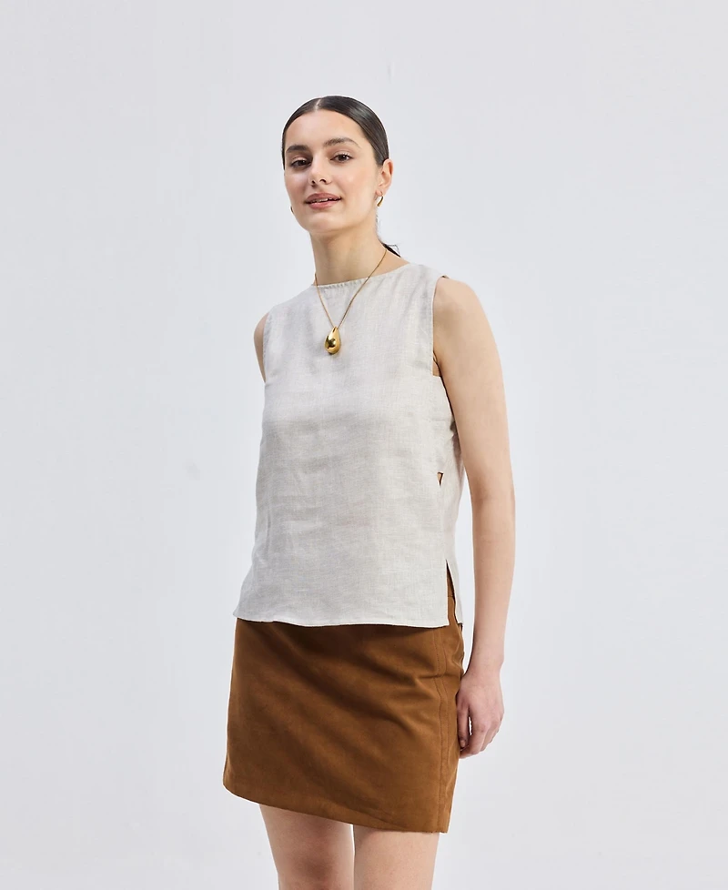 Reistor Women's Boat Neck Top Checkered Linen