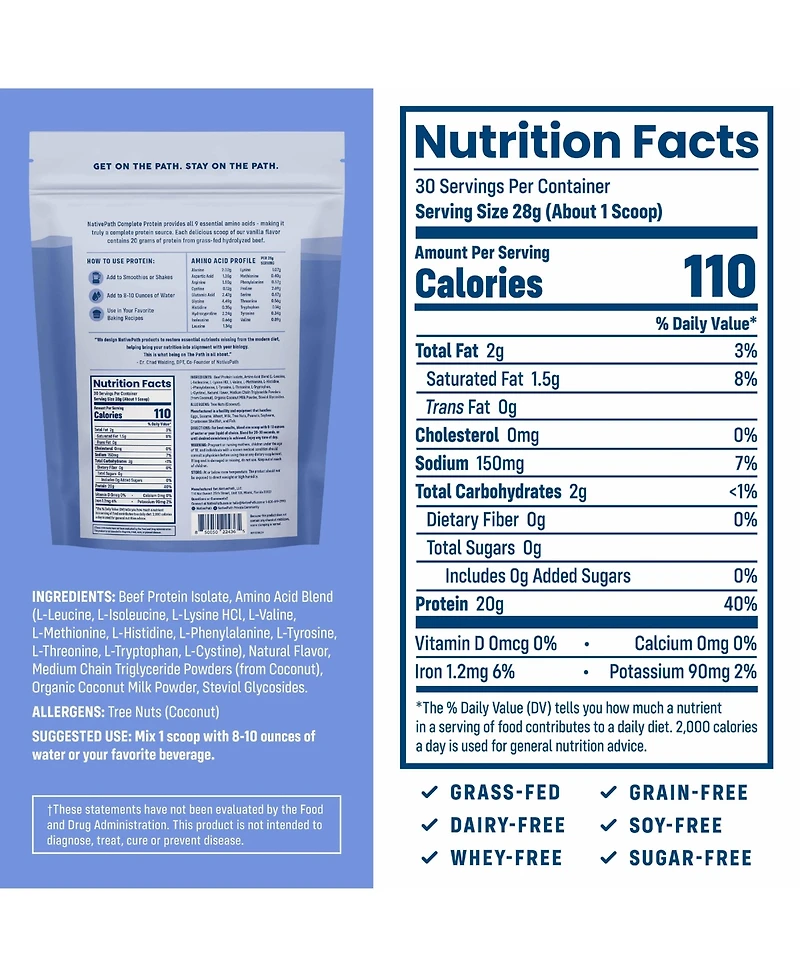 NativePath Complete Beef Protein Powder Isolate – 20g Protein, Vanilla Flavor, 30 Servings