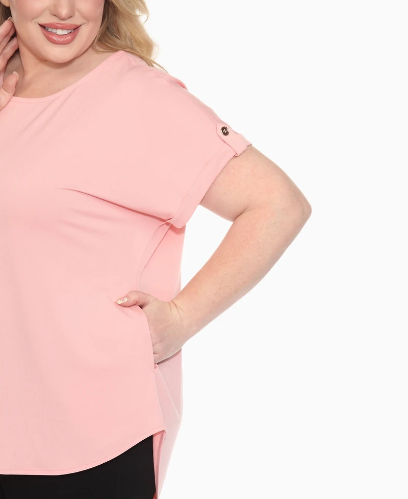 White Mark Plus Folded Short Sleeve Solid Top