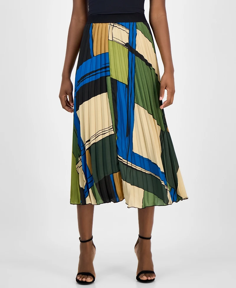 T Tahari Women's Printed Pleated Flared Midi Skirt