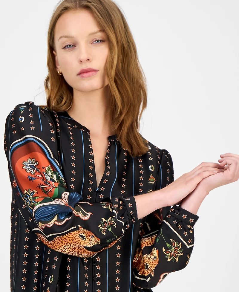 T Tahari Women's Printed Split-Neck Blouse