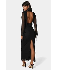 Bebe Women's Long Sleeve Ruffle Neck Maxi Dress