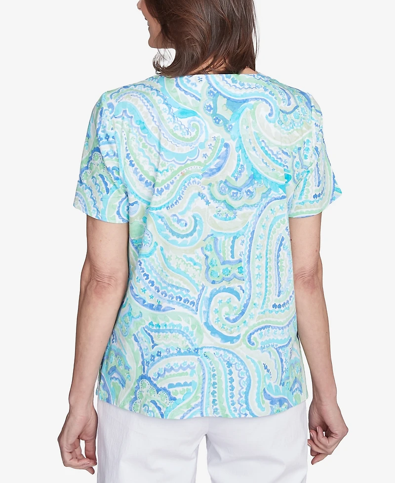 Alfred Dunner Petite Pleated Crew Neck Paisley Top