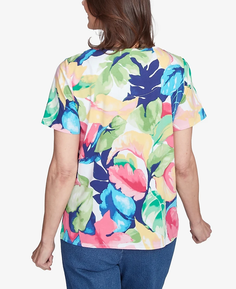 Alfred Dunner Petite Tropical Leaf Split Beaded Neck Top