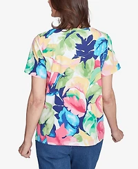 Alfred Dunner Petite Tropical Leaf Split Beaded Neck Top