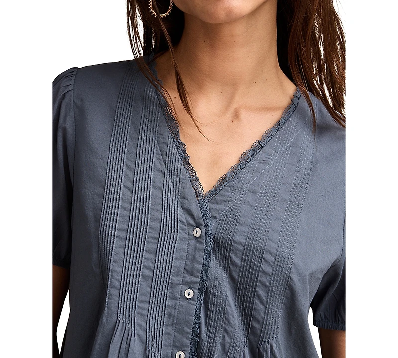 Lucky Brand Women's Cotton Short-Sleeve Pintuck Top