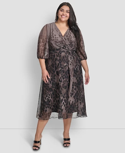 Dkny Plus Ombre Printed Balloon-Sleeve Faux-Wrap Dress