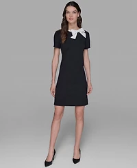 Karl Lagerfeld Paris Women's Scuba Crepe Short Sleeve Bow Detail A-line Dress