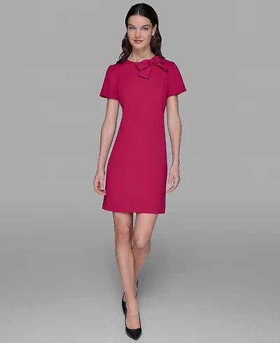 Karl Lagerfeld Paris Women's Scuba Crepe Short Sleeve Bow Detail A-line Dress