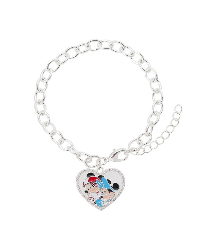 Disney Mickey and Minnie Cubic Zirconia Football Heart Charm Chain Bracelet