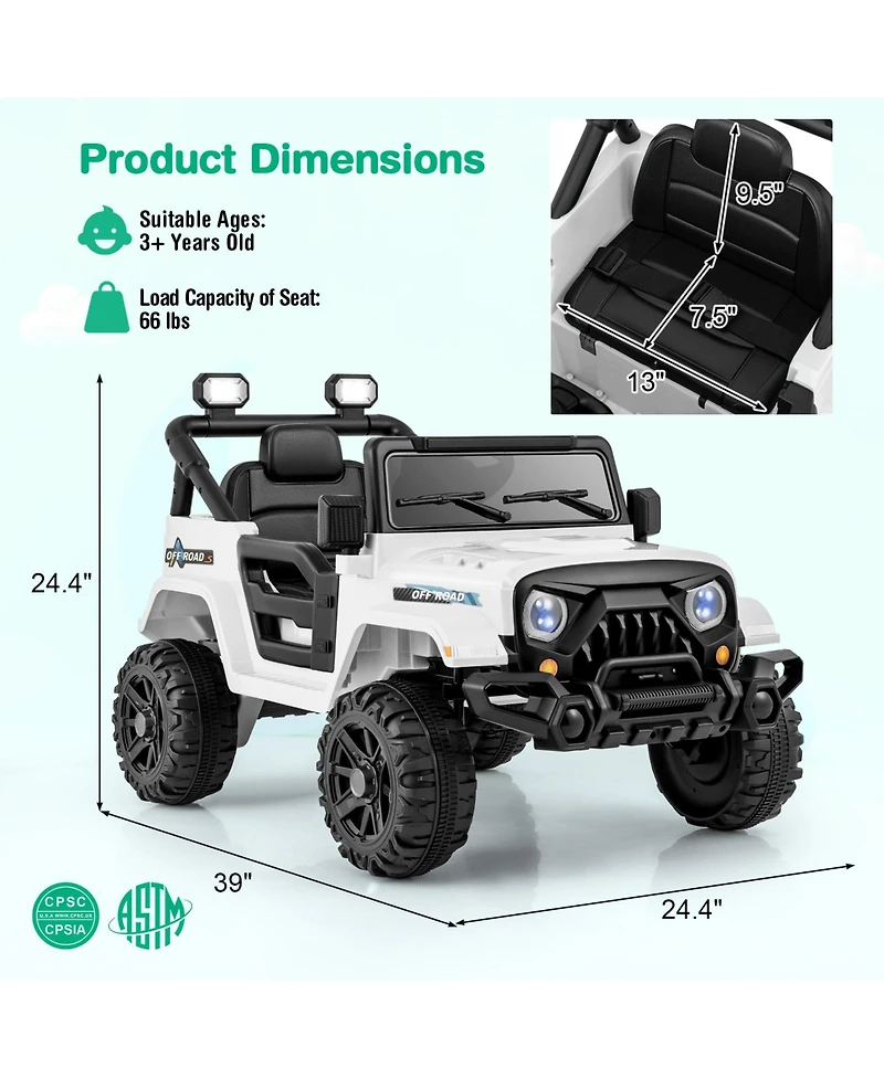 12V Kids Ride on Truck Car with Remote Control Threaded Wheels and 3 Speeds