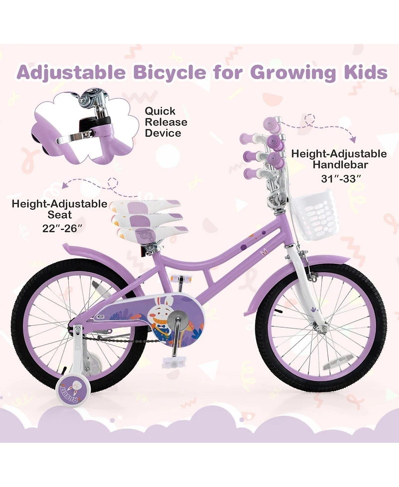 18 Inch Girl Bike with Basket with Detachable Training Wheels for 4-8 Years Old