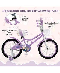 18 Inch Girl Bike with Basket with Detachable Training Wheels for 4-8 Years Old