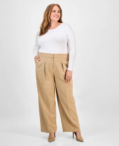 Anne Klein Plus Twill High-Rise Pleated Wide-Leg Pants