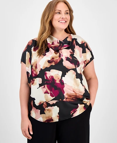 Anne Klein Plus Floral-Print Cowlneck Top