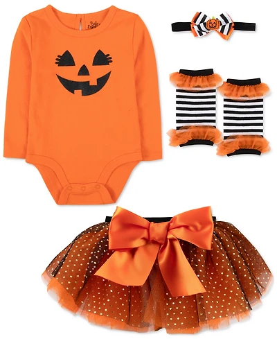 Baby Essentials Girls Halloween Pumpkin Bodysuit, Tutu, Headband & Legwarmers, 4 Piece Set