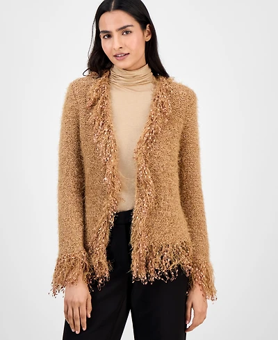 Anne Klein Women's Collarless Open-Front Fringe-Trim Cardigan
