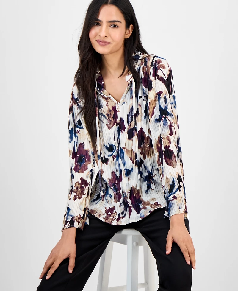 Anne Klein Women's Printed Pleated Split-Neck Blouse